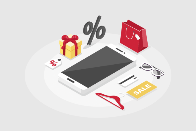 Tablet surrounded by gift boxes, a credit card, store sign, hanger, glasses, and sales tag