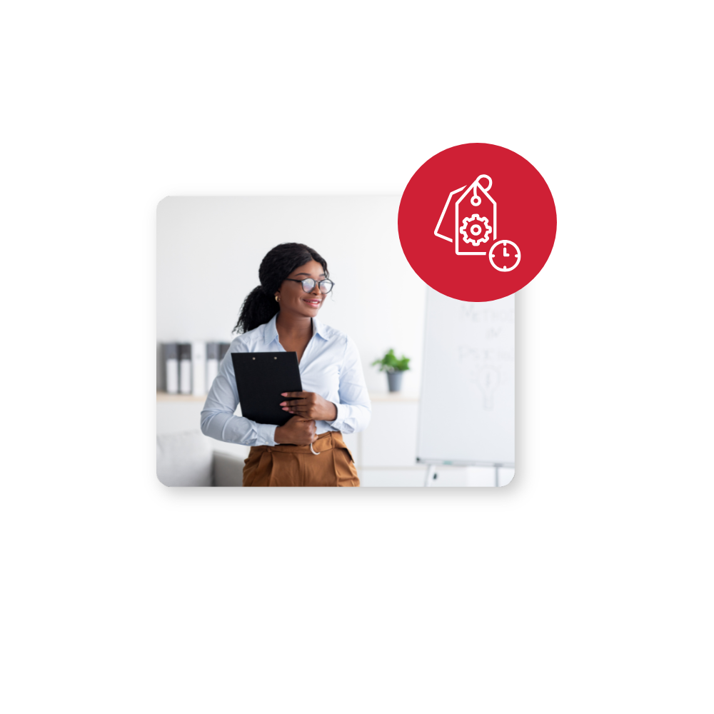 Advance Tag Management Hero in colour Woman with glasses holding laptop with tag logo in top right corner