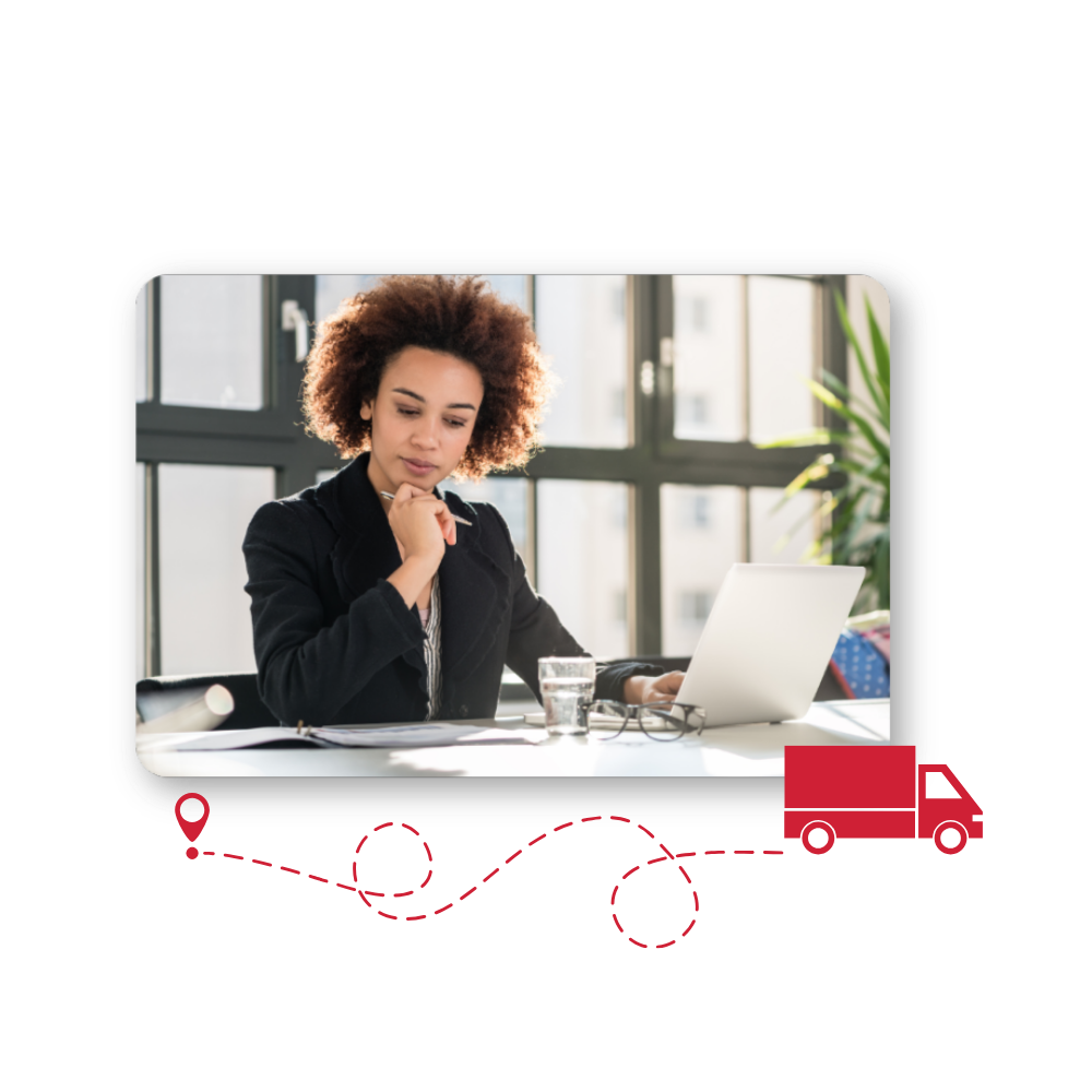 Martech Migration: Streamlining the Tech Stack for Greater Impact in colour Woman working on laptop with an illustration of van driving underneath