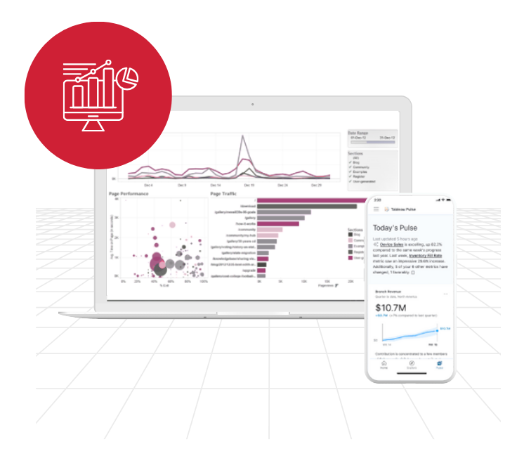 Real-Time Dashboards for Agile Decisions Hero in colour Advance analytics dashboard on laptop with mobile phone in front