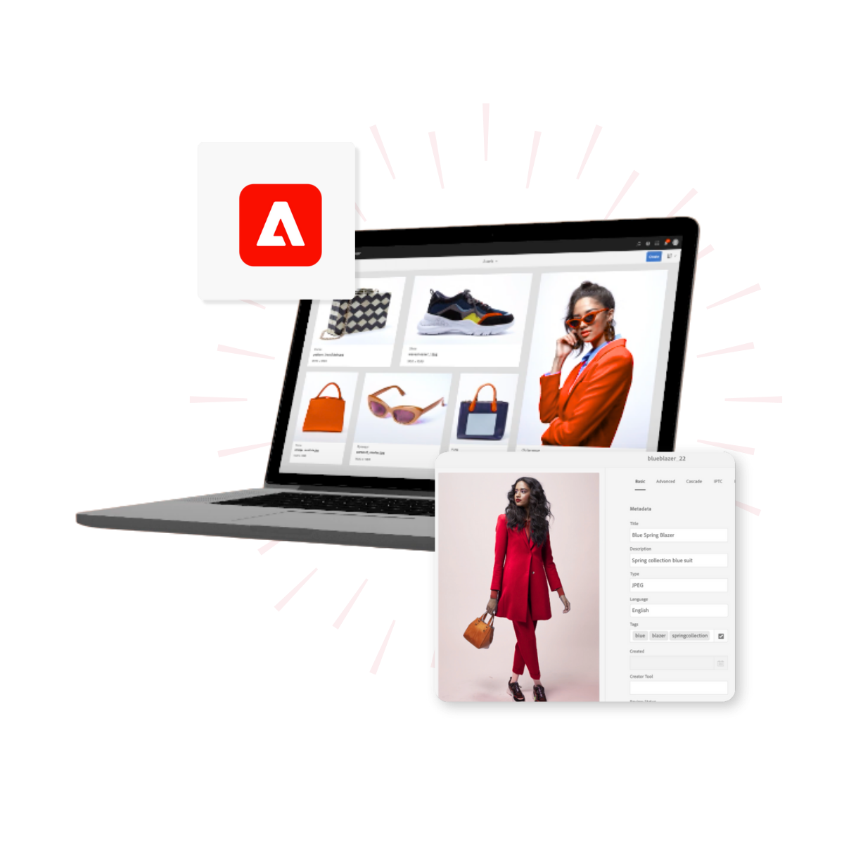 Adobe Experience Manager (AEM) Assets Services Hero in colour Laptop displaying shopping website with Adobe logo in front