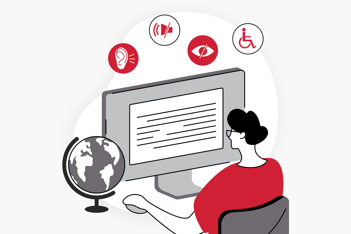 Person at Computer with Web Accessibility Features surrounding them