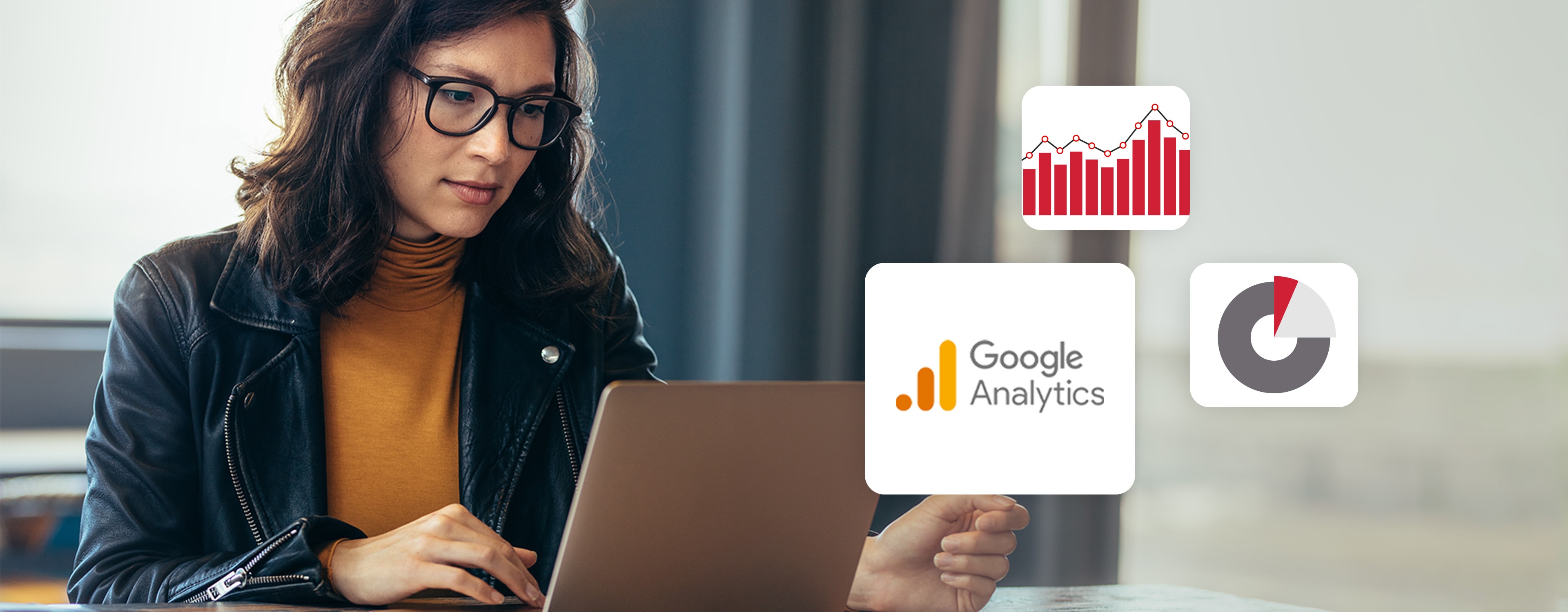 GA4 Auto-Migration Blog Post Lady working on a laptop and a bunch of pictures of statistical graphs with one of them being a google analytics logo