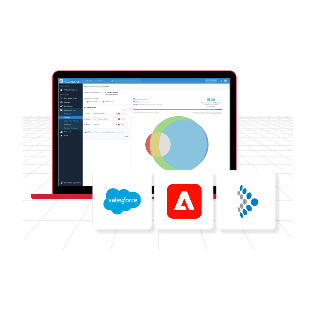 CDP Strategy: Turn Customer Data into Competitive Advantage hero in colour Dashboard on laptop with Salesforce, Adobe, and Tealium logo in front