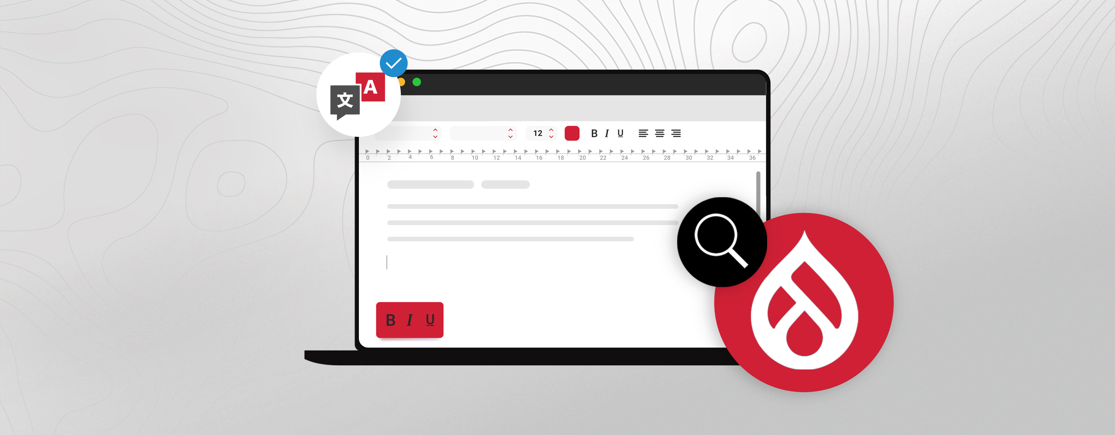 Computer illustration showing a content editor and translation icons
