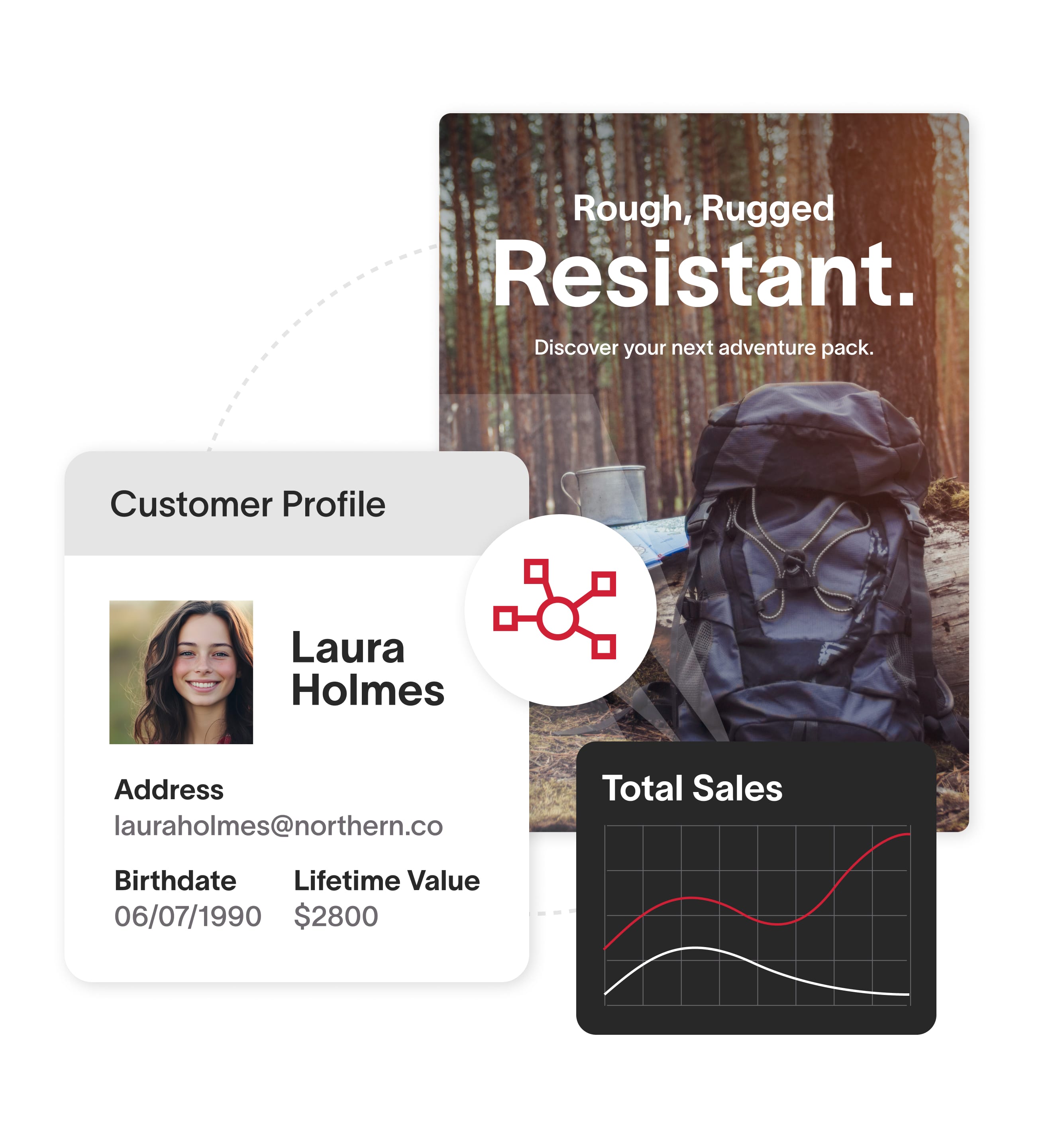 Manufacturing LP Hero Customer profile alongside marketing material and a graph visualizing total sales