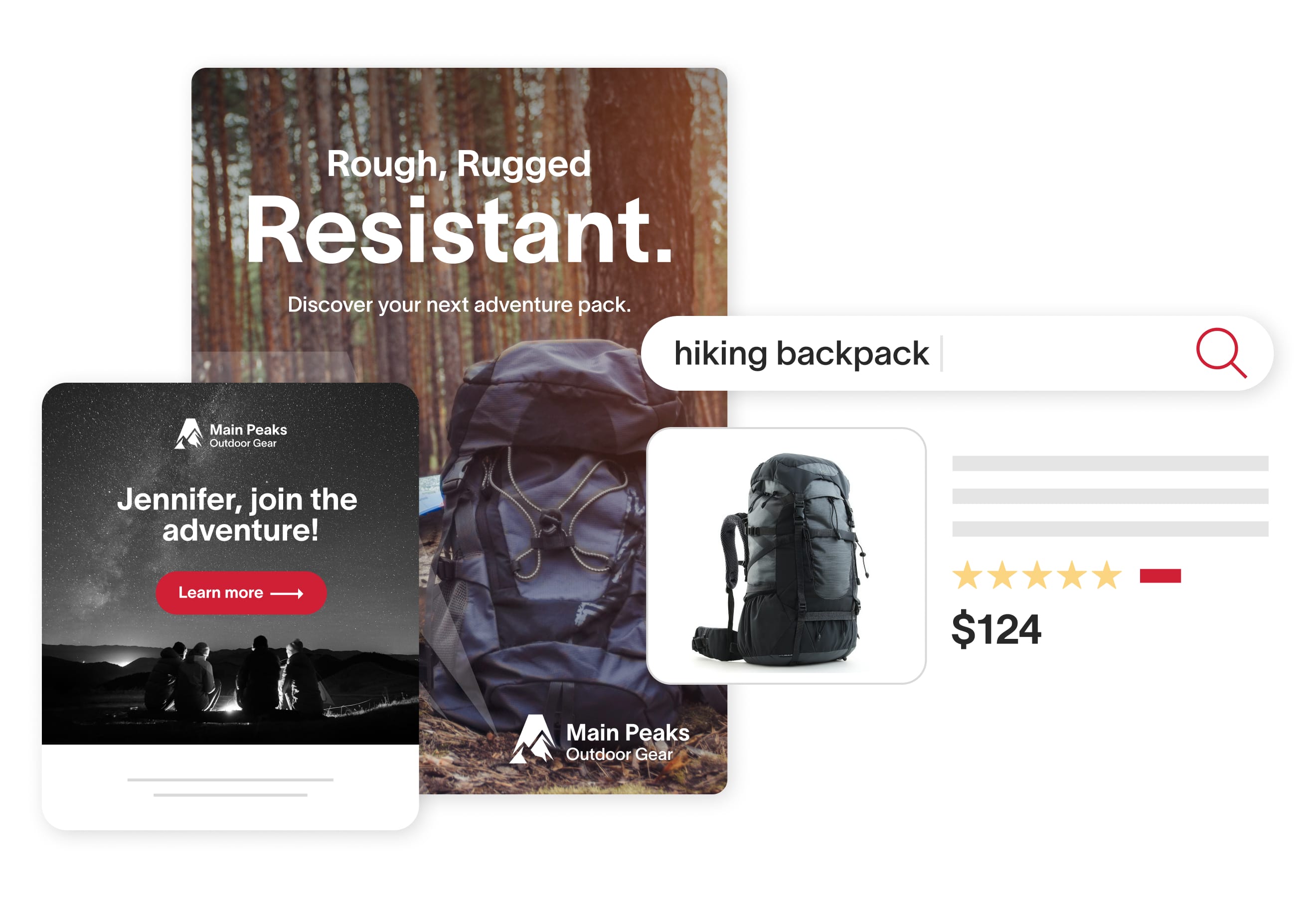 Manufacturing Marketing Hero Marketing material alongside a listing for a hiking backpack with a search bar stating as such above it.