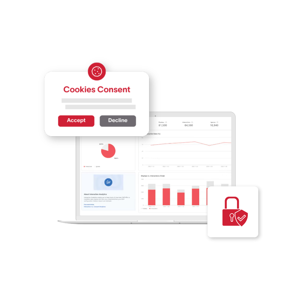 Strategic Data Governance and Compliance Solutions hero in colour A cookie consent prompt, a analytics dashboard, and a lock