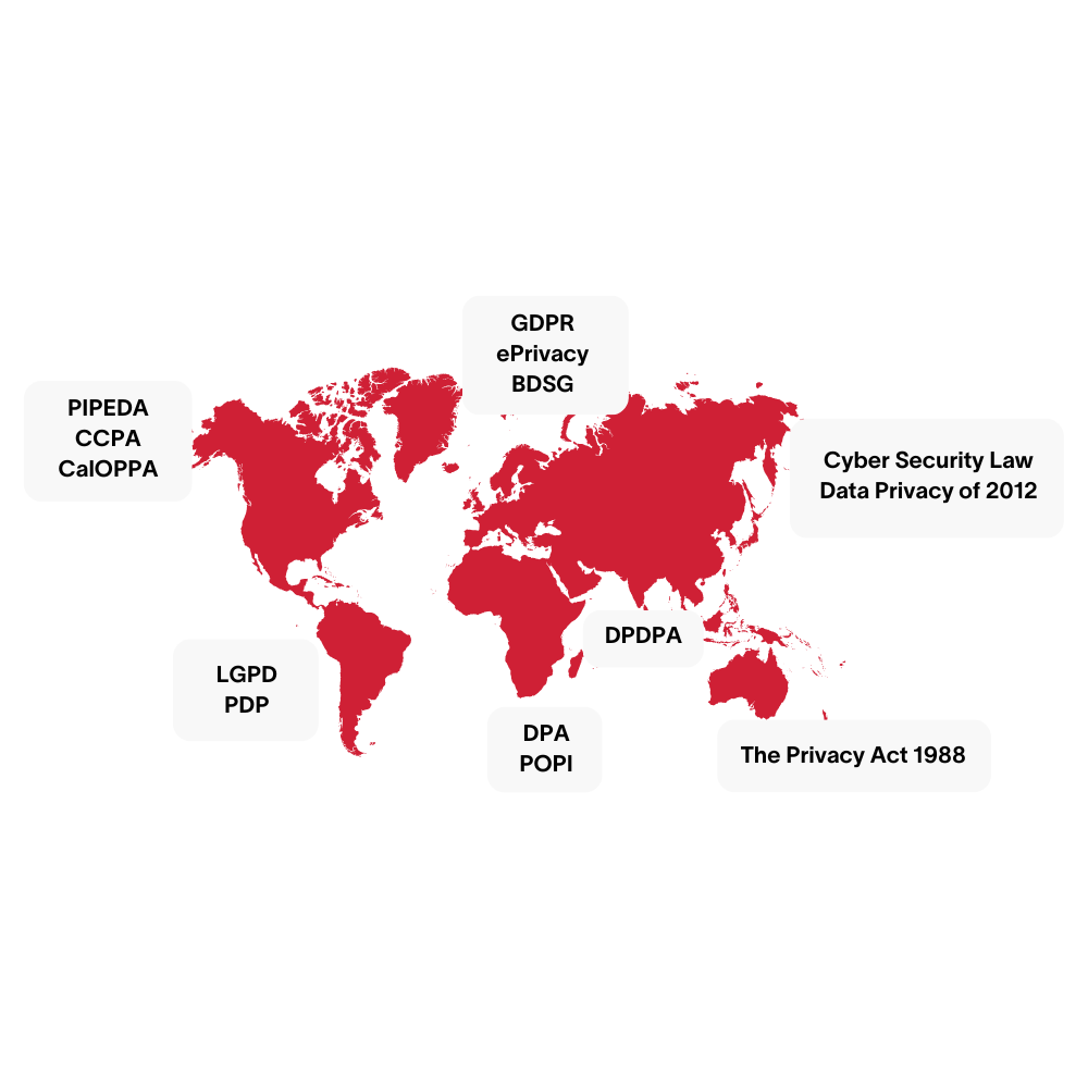 Advanced Data Governance for Smarter Compliance and Decision-Making hero in colour Map of the world with arrows pointing to compliance requirements based on country