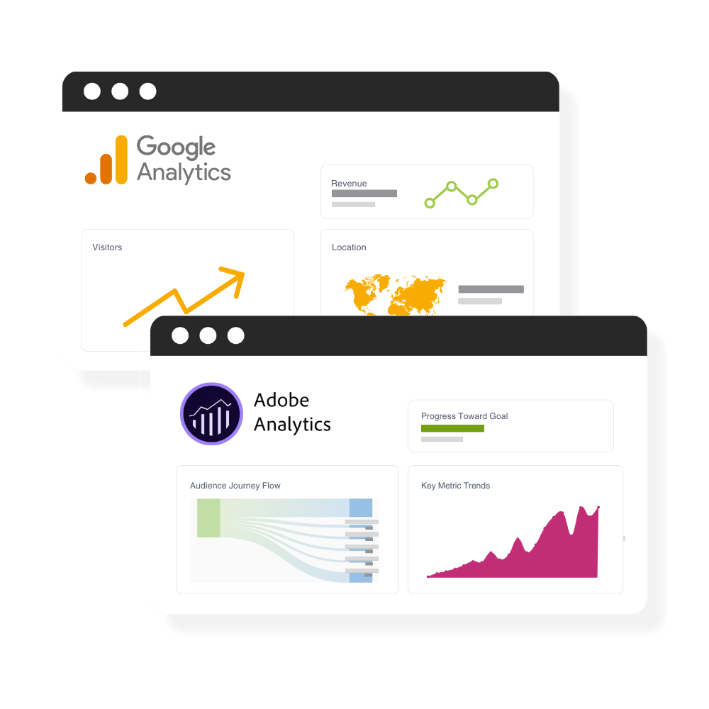 Comprehensive Analytics Audits: Build on Trusted Data hero in colour Google + Adobe Analytics panels
