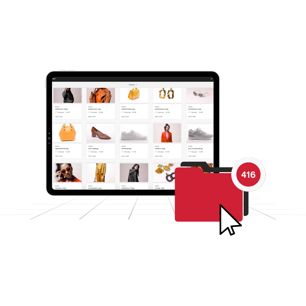 Why Adobe Experience Manager Assets? Hero in colour Online shopping site with a folder in front