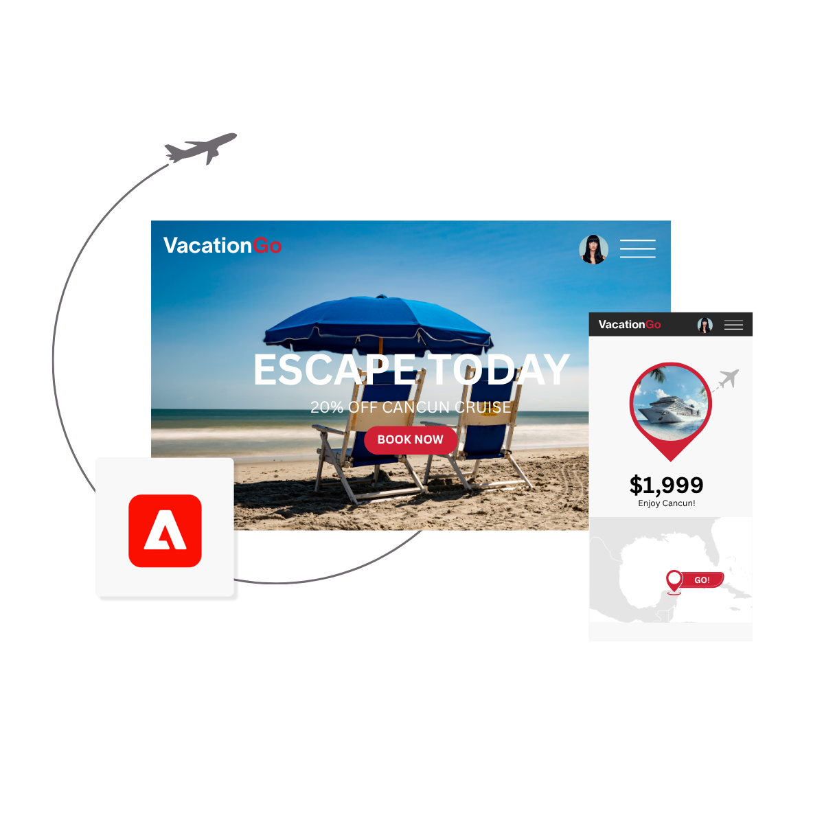 Adobe Experience Manager (AEM) Sites Services Hero in colour Vacations website with a plane flying around it with an adobe logo in the side