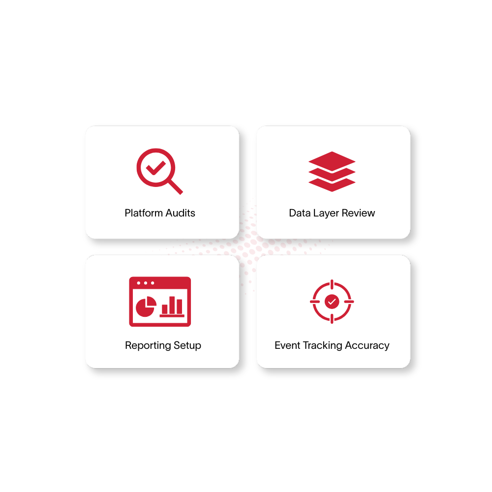 In-Depth Analytics Audits hero in colour Logos for Platform Audits, Data Layer Review, Reporting Setup, and Event Tracking Accuracy