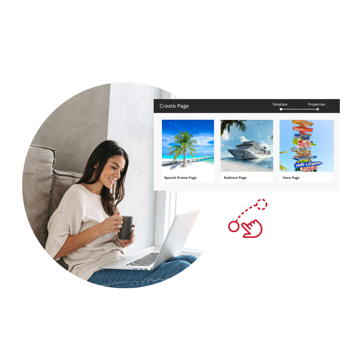 Why Adobe Experience Manager Sites? Hero in colour Woman on laptop with mug looking at vacation options
