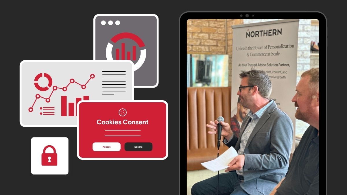 Ben Thompson and Scotty Hagen speaking at a CX Café event beside a cookie consent banner and analytics graphics.