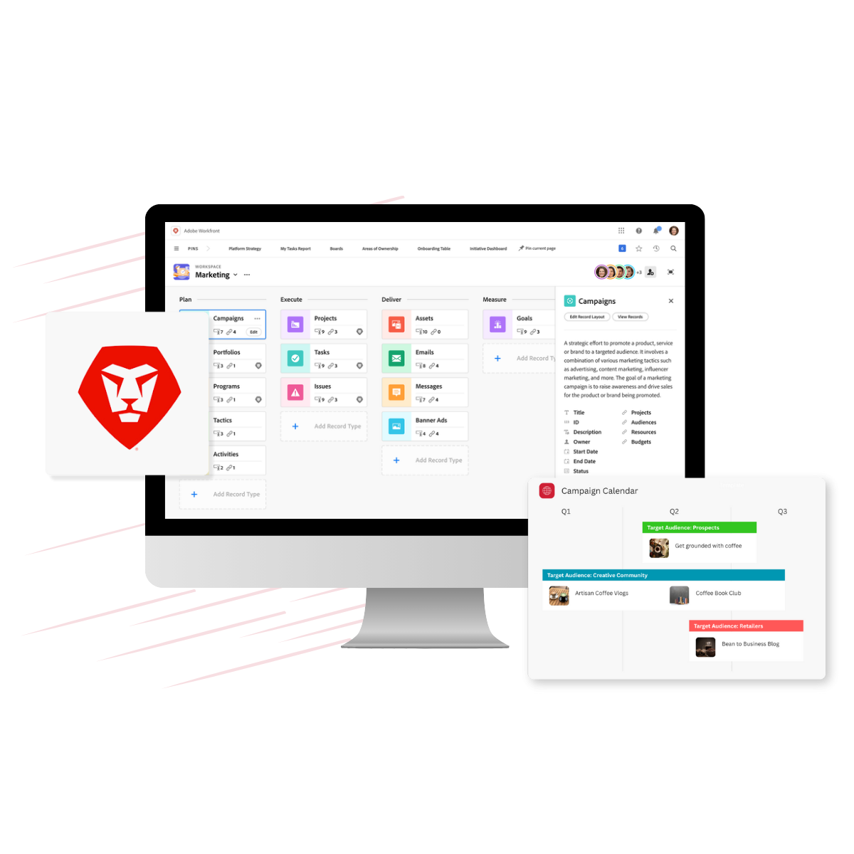 Adobe Workfront Services Hero in colour Desktop computer with Adobe Workfront dashboard