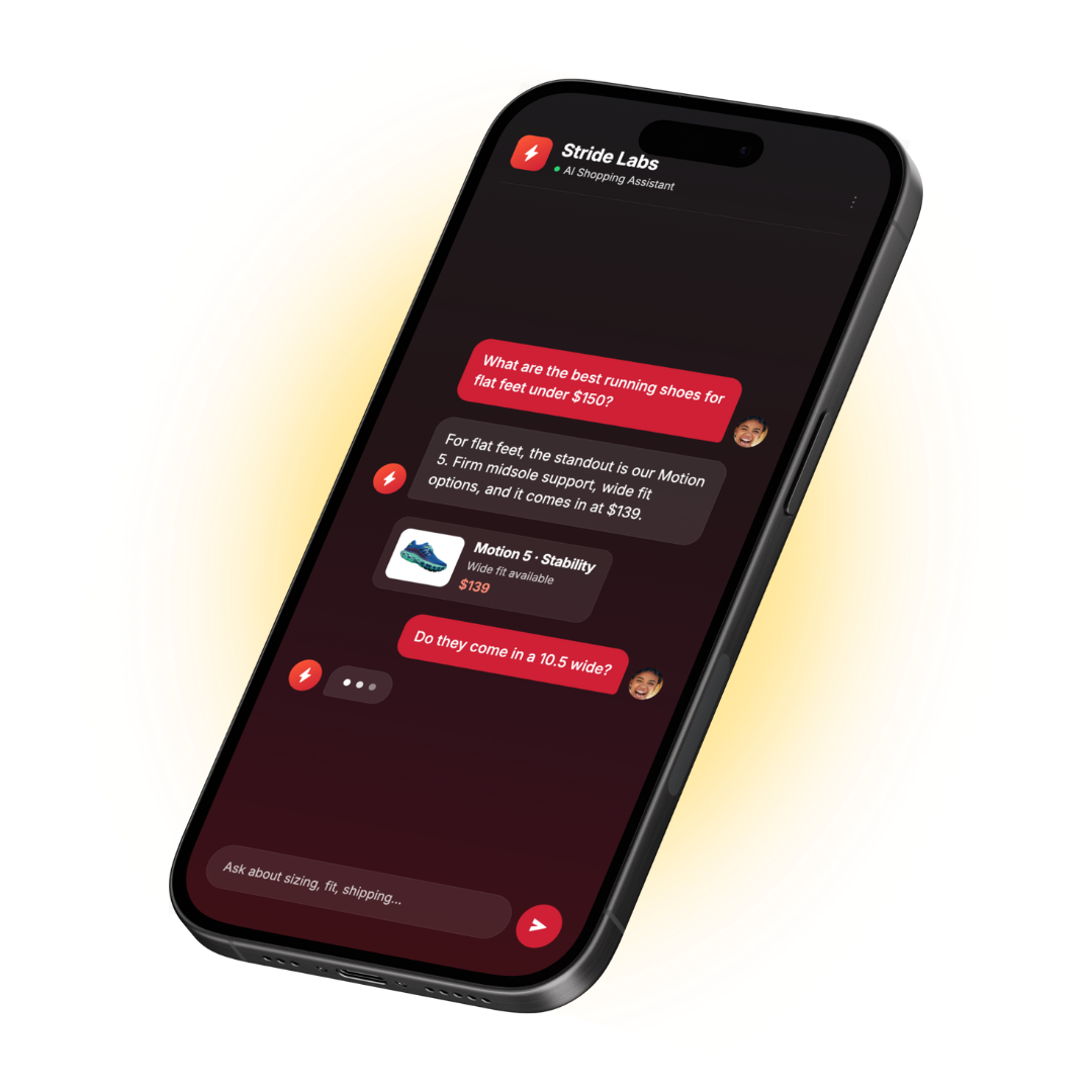 A phone showing a chat with a store's AI shopping assistant, where a shopper asks about running shoes and gets a product recommendation with a price.