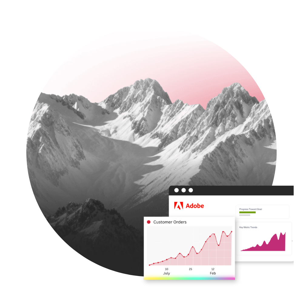 Grey mountain background with an image of Adobe Analytics dashboard