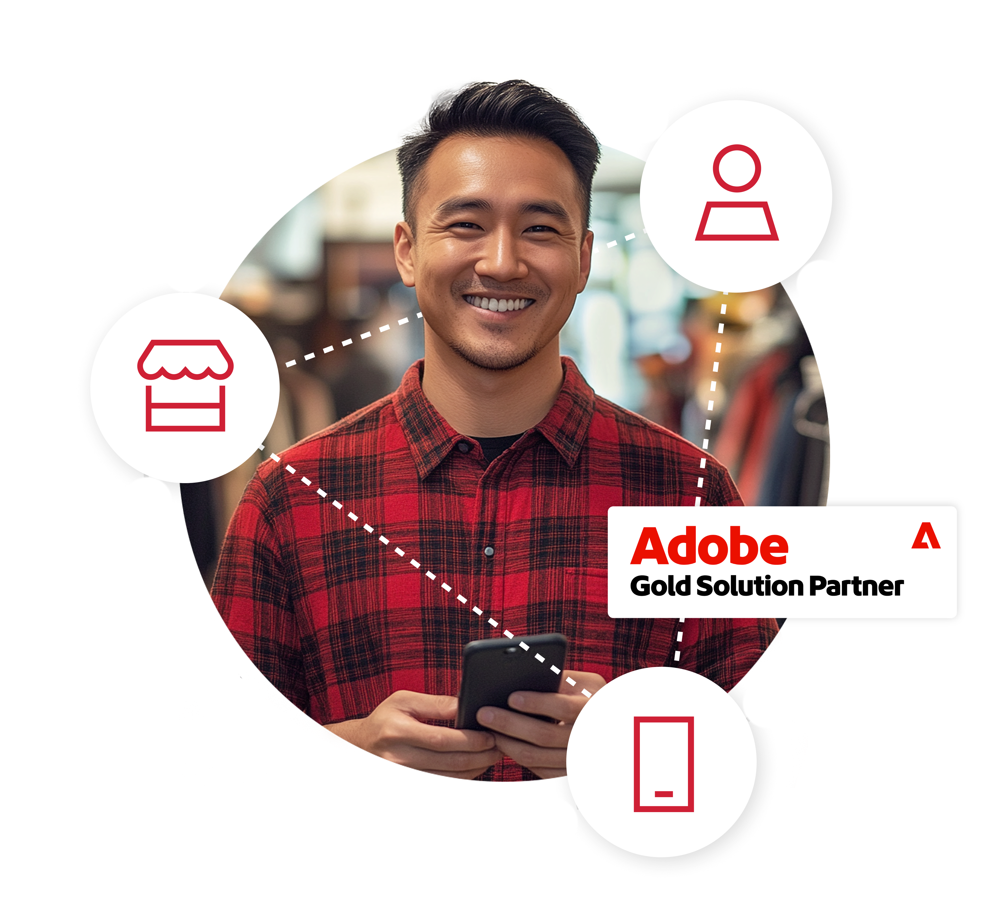 Man in red plaid shirt surrounded by product icons