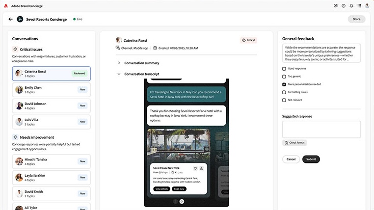 Brand Concierge conversation review with a shopper transcript, a product card, and a response quality panel