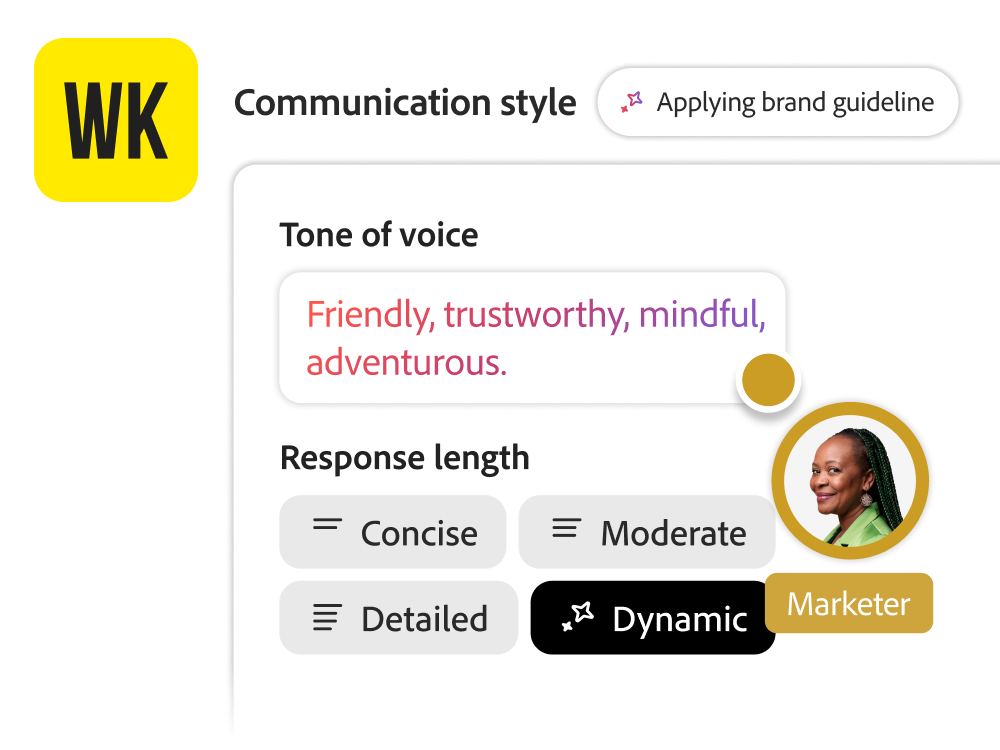 Brand Concierge communication style settings showing tone of voice and four response length options