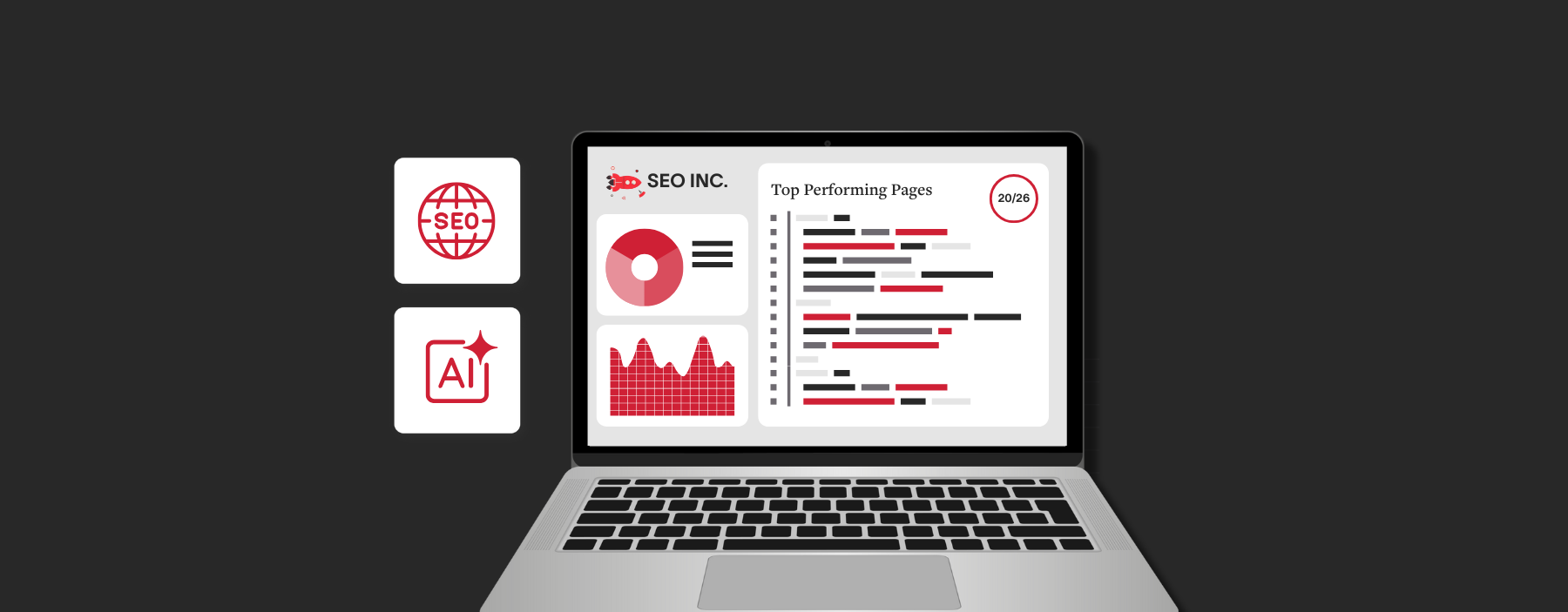 A laptop with a generic SEO platform window.