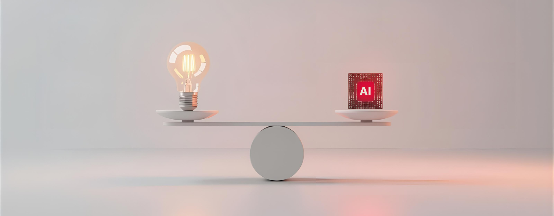 A weight balance with a light bulb on the left, and an AI chip on the right.