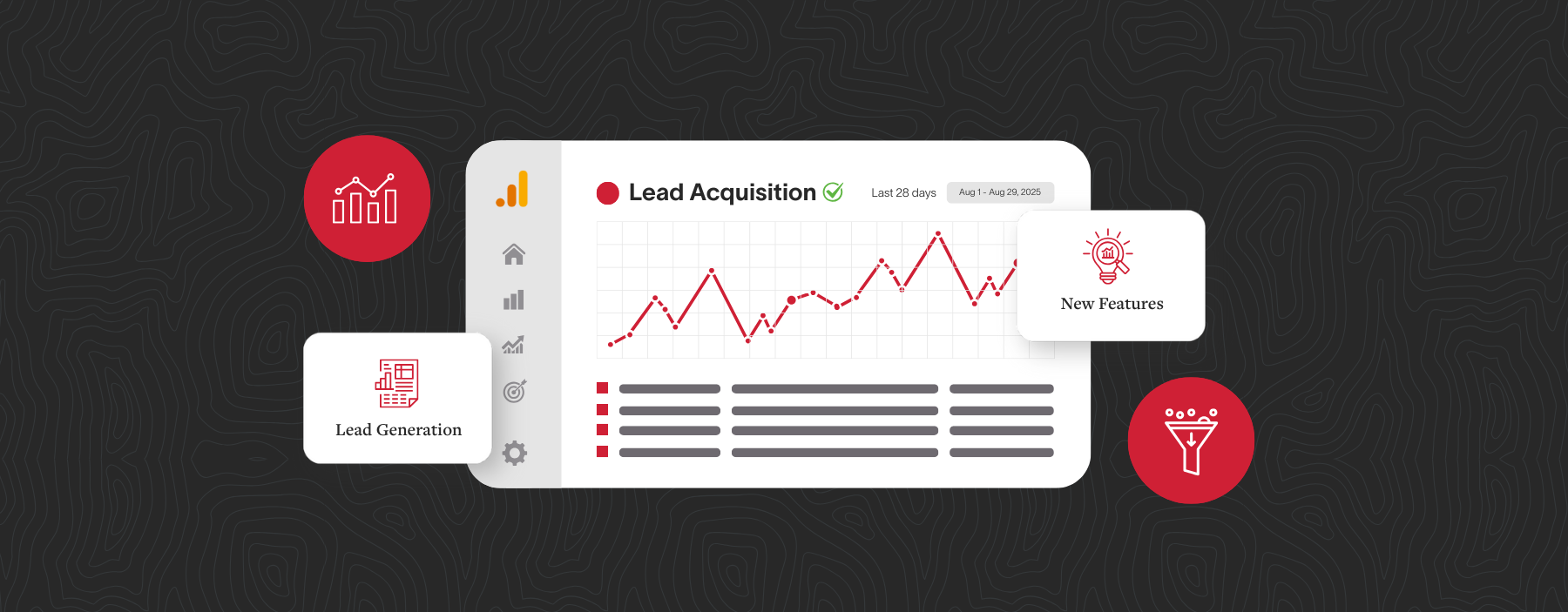 A graphic of Google Analytics 4's newest lead reports and two red circles with analytics icons.