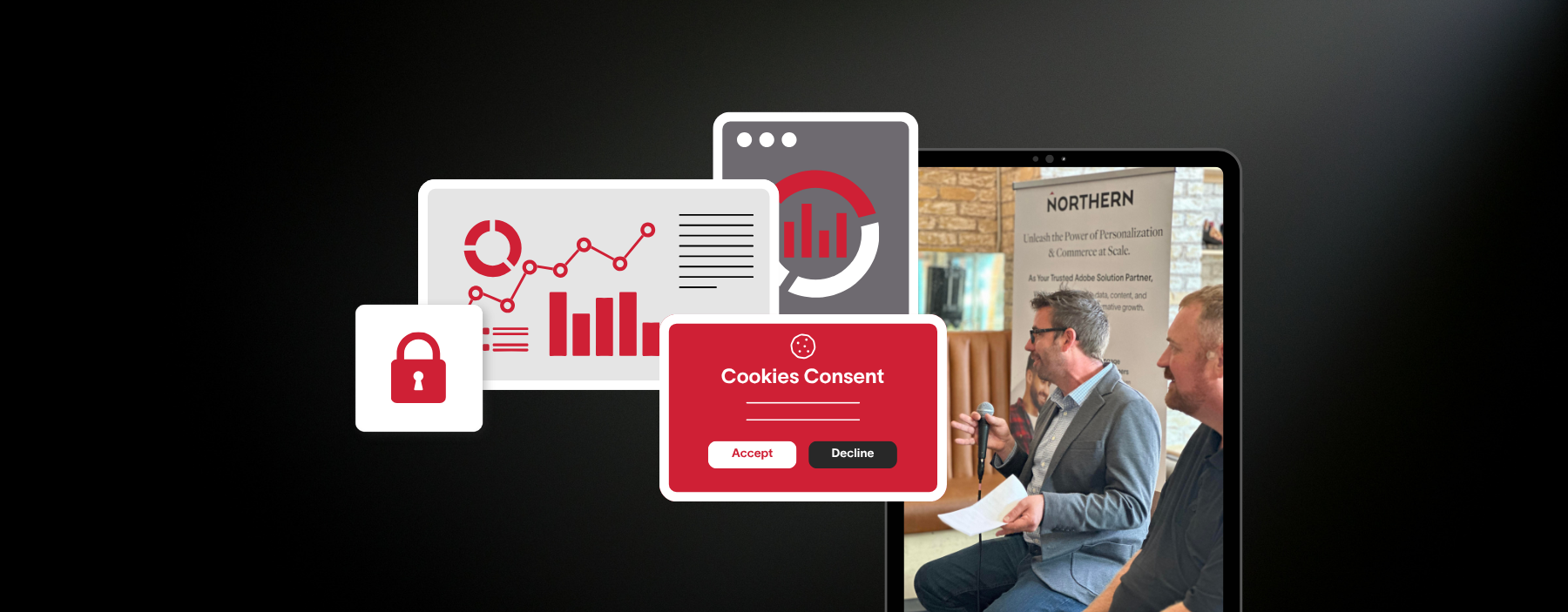 Ben and Scotty at a CX Café event with generic dashboards.