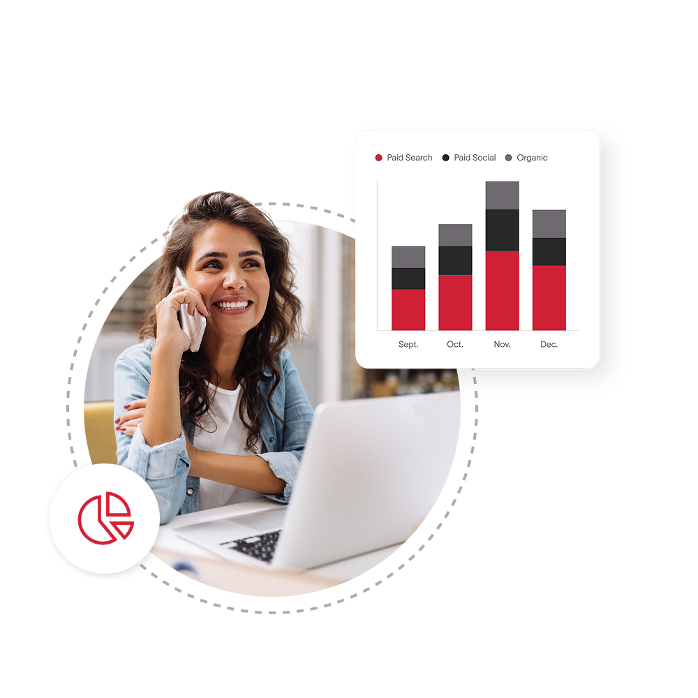 A woman on the phone discussing analytics.