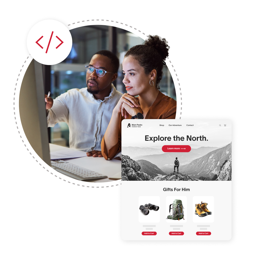 Two professionals collaborating at a computer screen, with a floating mockup of the Main Peaks Outdoor Gear website showing a hero banner, product grid, and add-to-cart buttons, representing the content management systems Northern builds and operates.