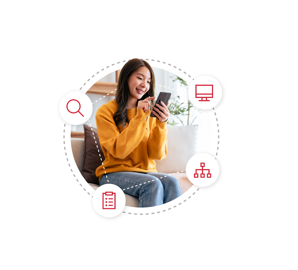 A woman interacting with her phone, surrounded by icons representing Northern's UX design process: research, testing, wireframing, and surveys.