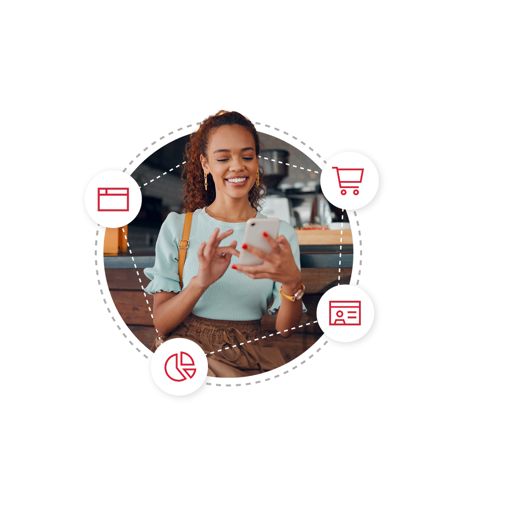 A young woman using her smartphone in a cafe, with four floating icons around her representing CMS, Commerce, Data &amp; Analytics, and Personalization.