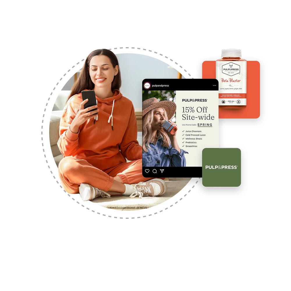 A woman in athletic wear looking at her phone with advertisements on the right.