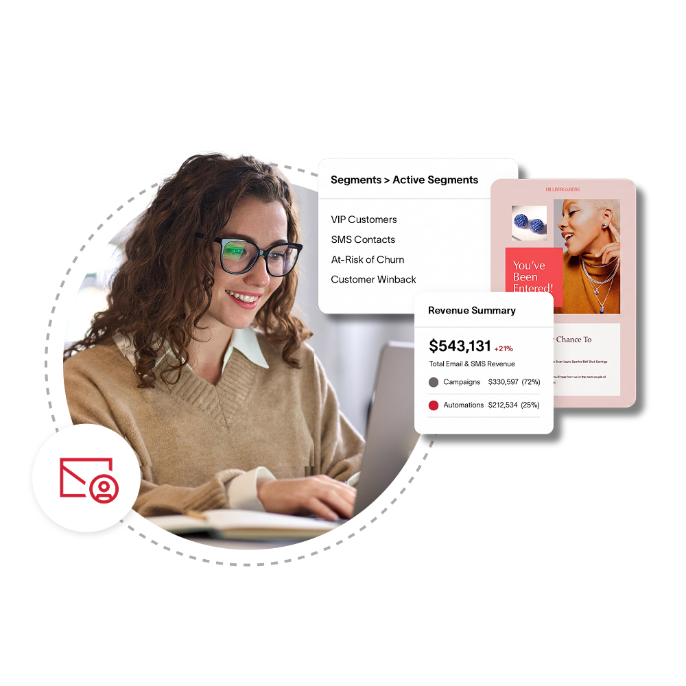 A woman looking at a computer with email marketing data to the right.