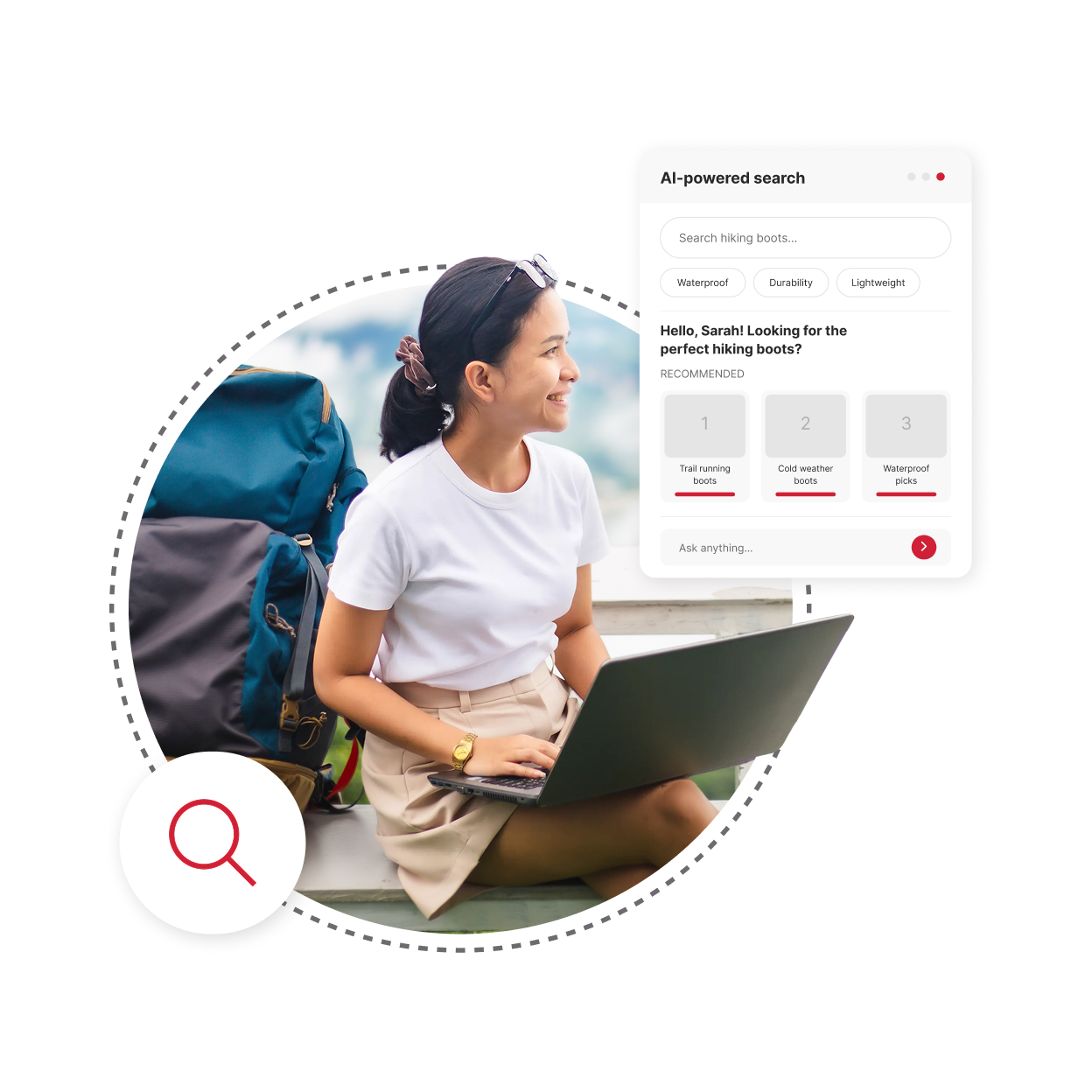 A woman searching for hiking boots with AI on her laptop.