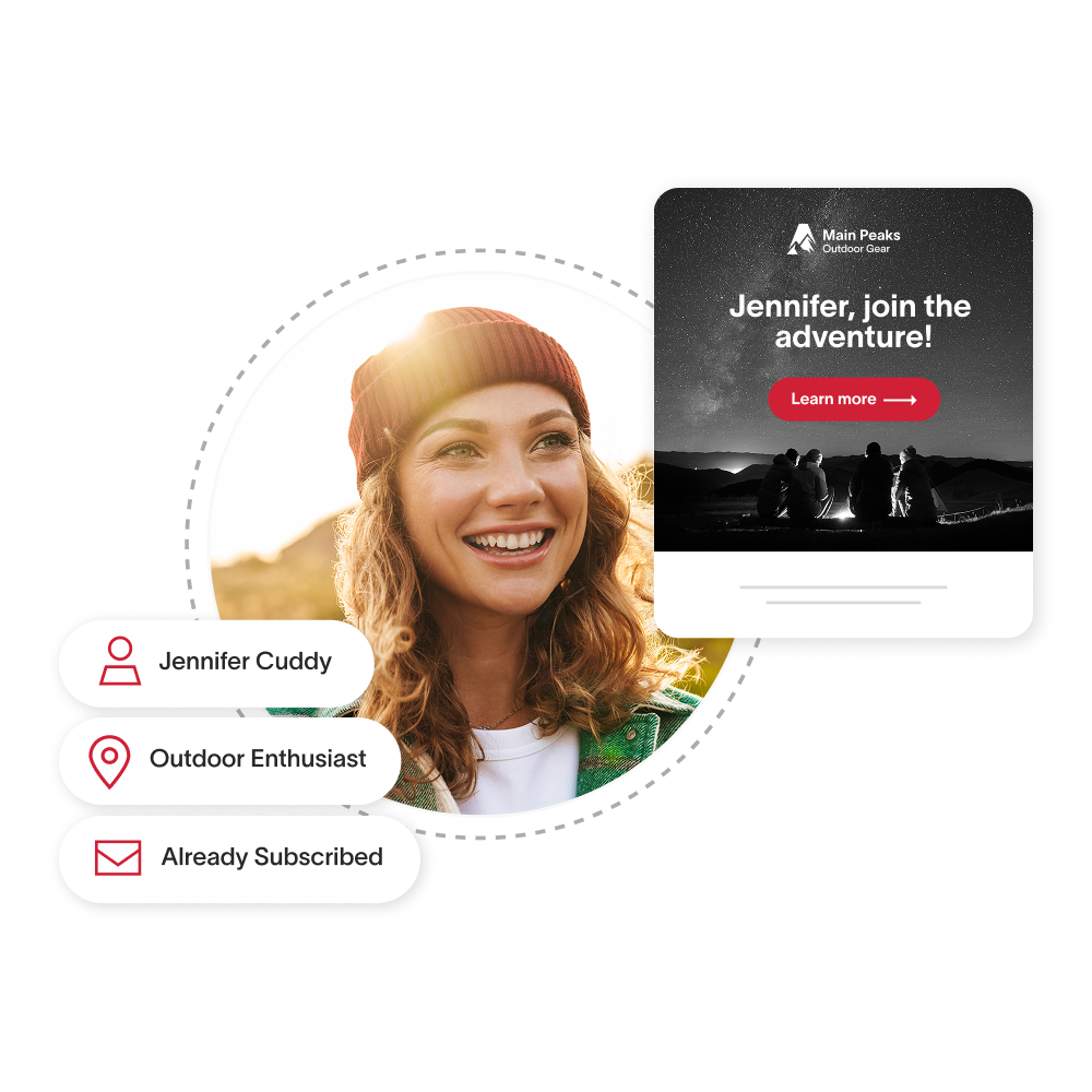 A woman looking off to the distance with personalization logos and an ad.