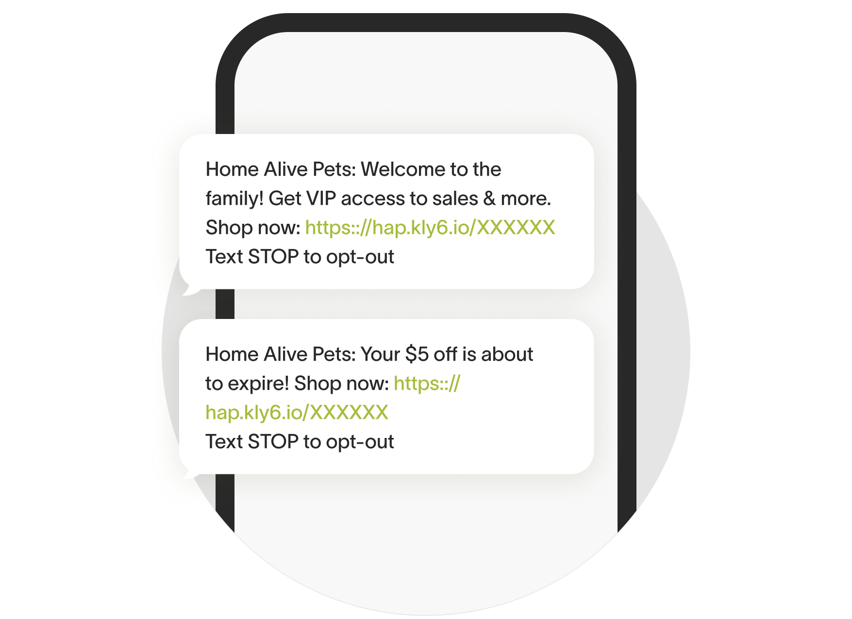 Homes Alive Pets SMS campaign Homes Alive Pets text messages alerting user of promotion