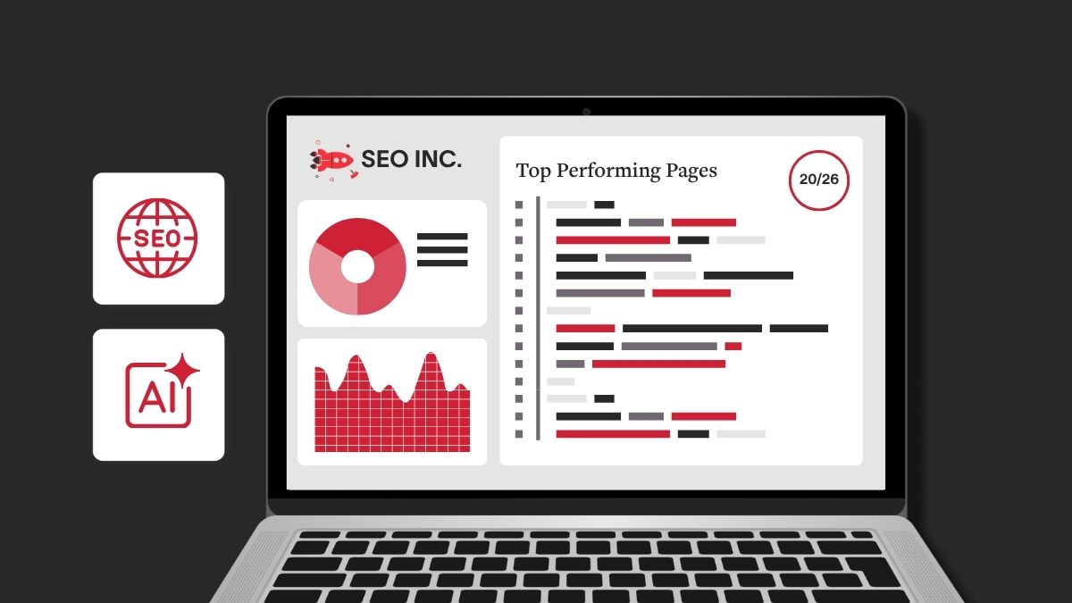 Illustration of an SEO analytics dashboard on a laptop with SEO and AI icons alongside.