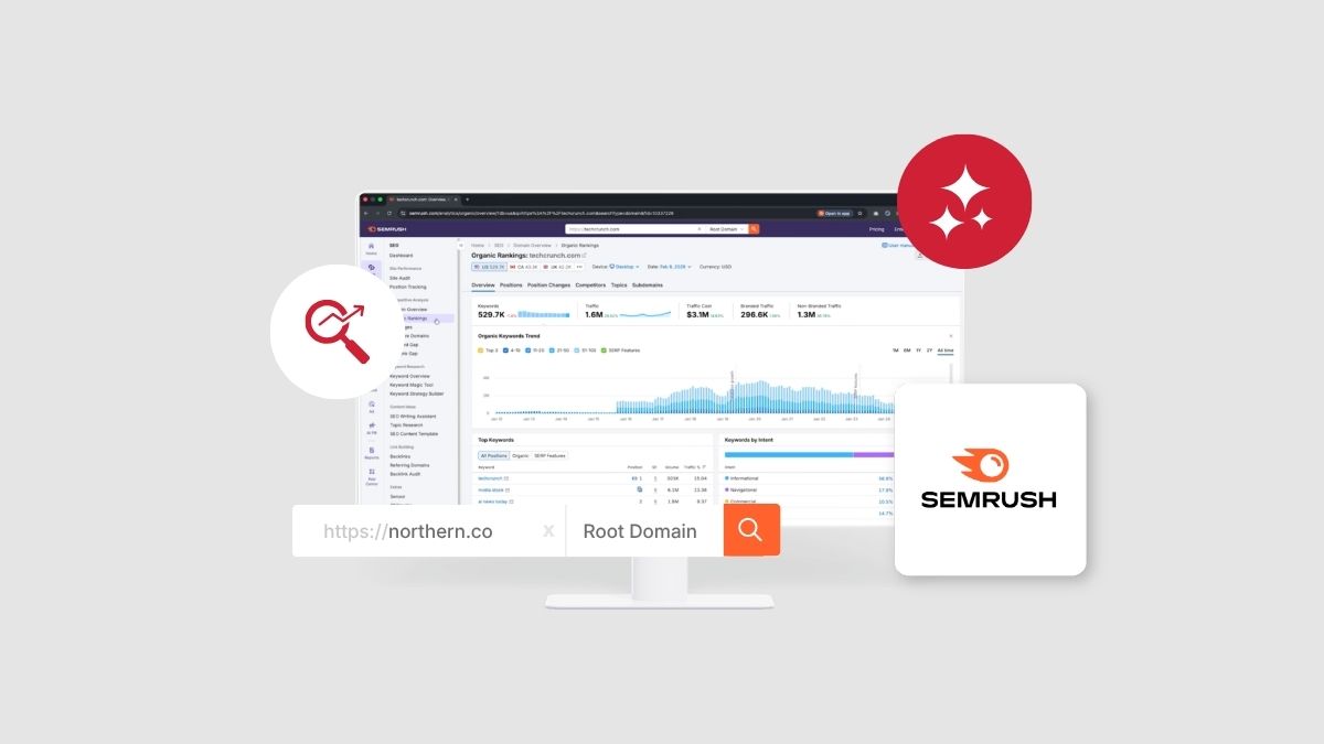 Semrush organic rankings dashboard on a desktop monitor, with a domain search bar entering northern.co and the Semrush logo alongside.