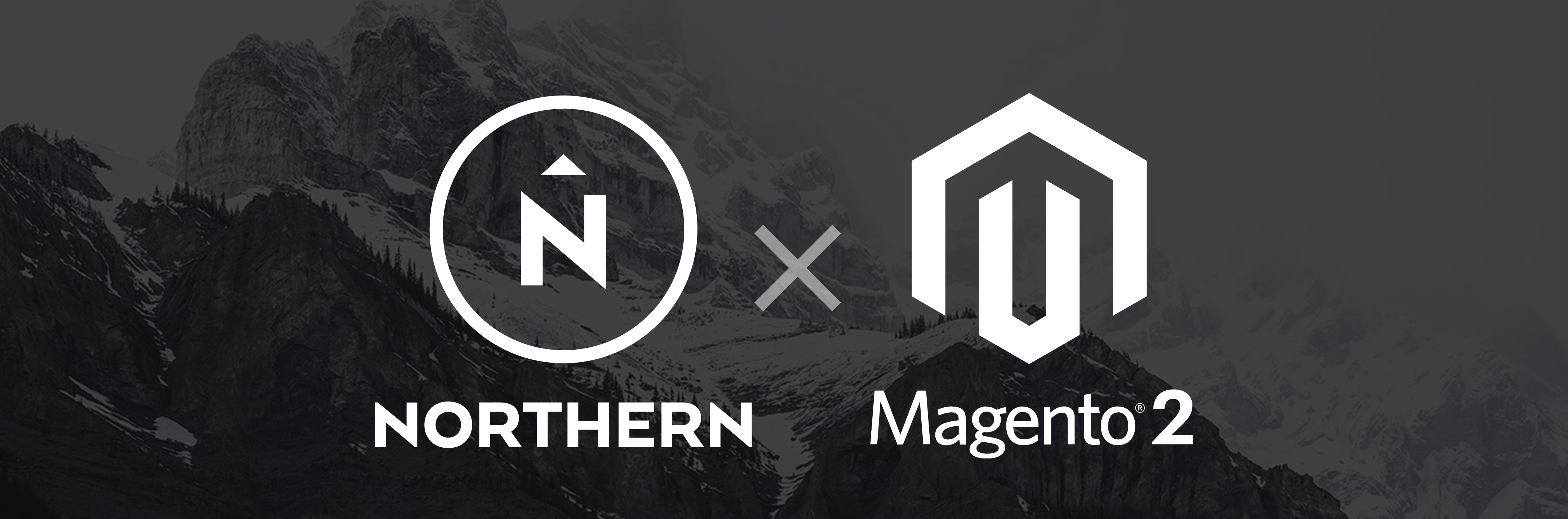 Northern x Magento 2 text over mountains