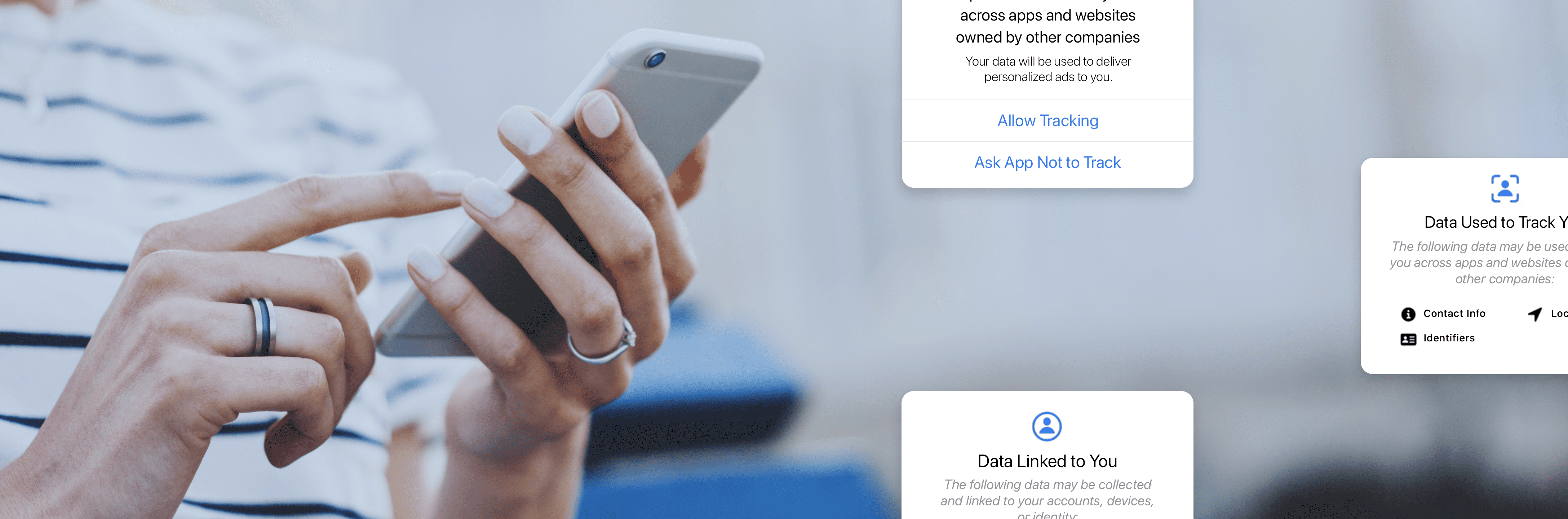 Woman on phone with data tracking popup images overlay