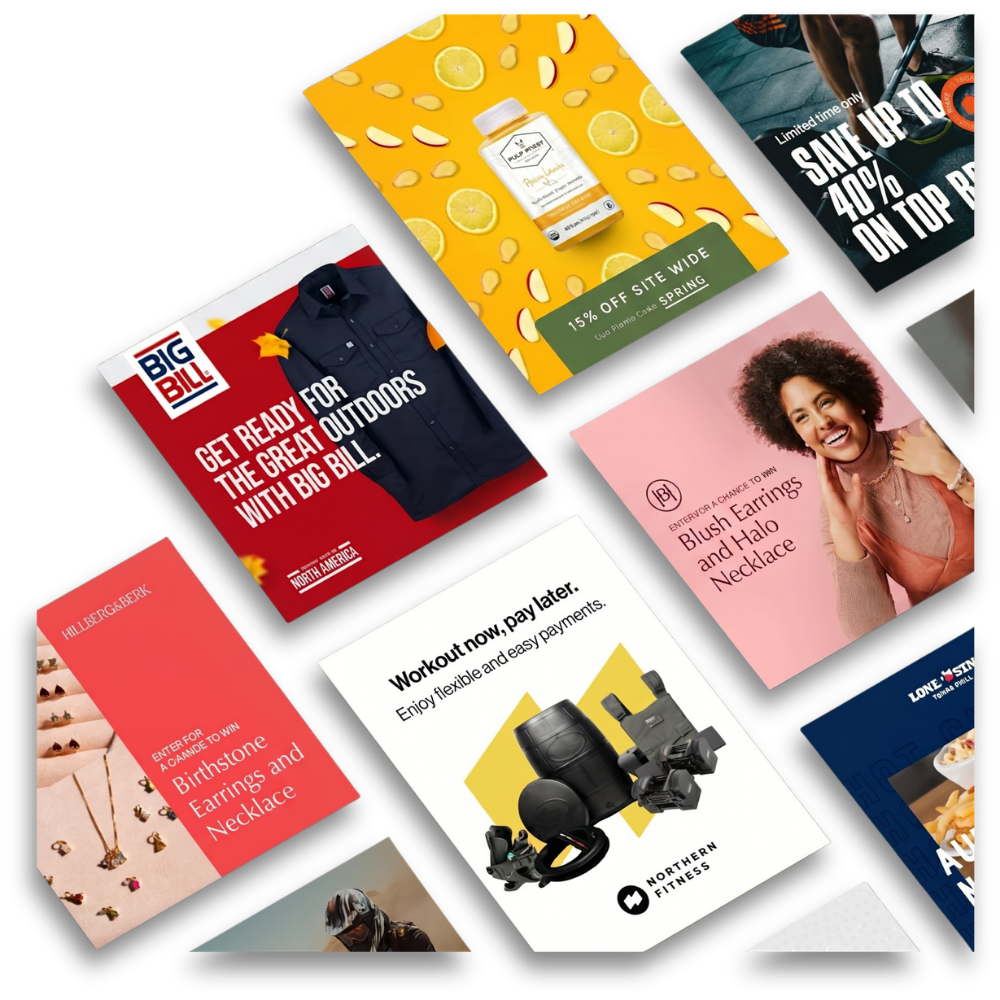 A group of colourful ad banners.