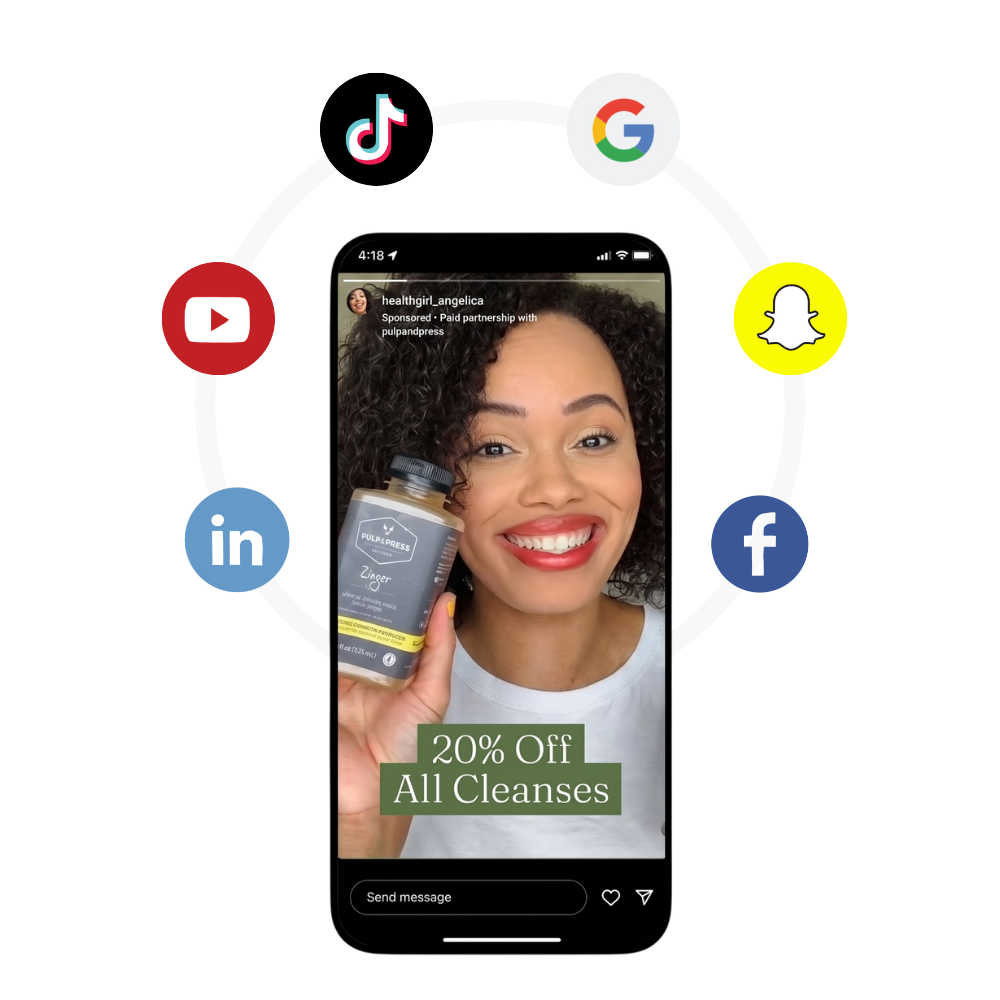 Social media icons with paused still of advertisement video