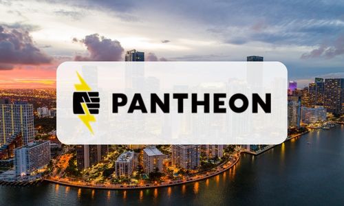 Pantheon logo over the Miami skyline and waterfront at dusk