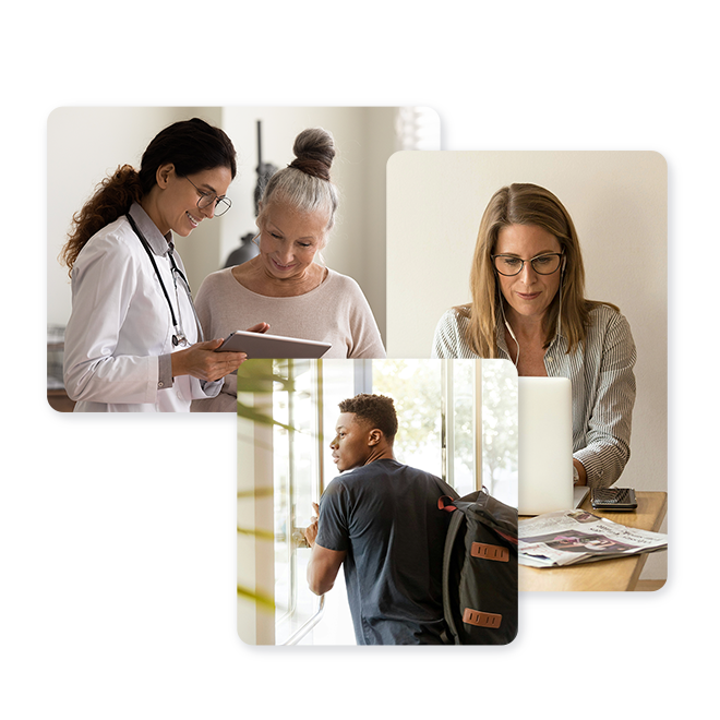 Public Service Landing Page hero image of doctor with patient looking at tablet, student looking out the window, and woman on a computer.