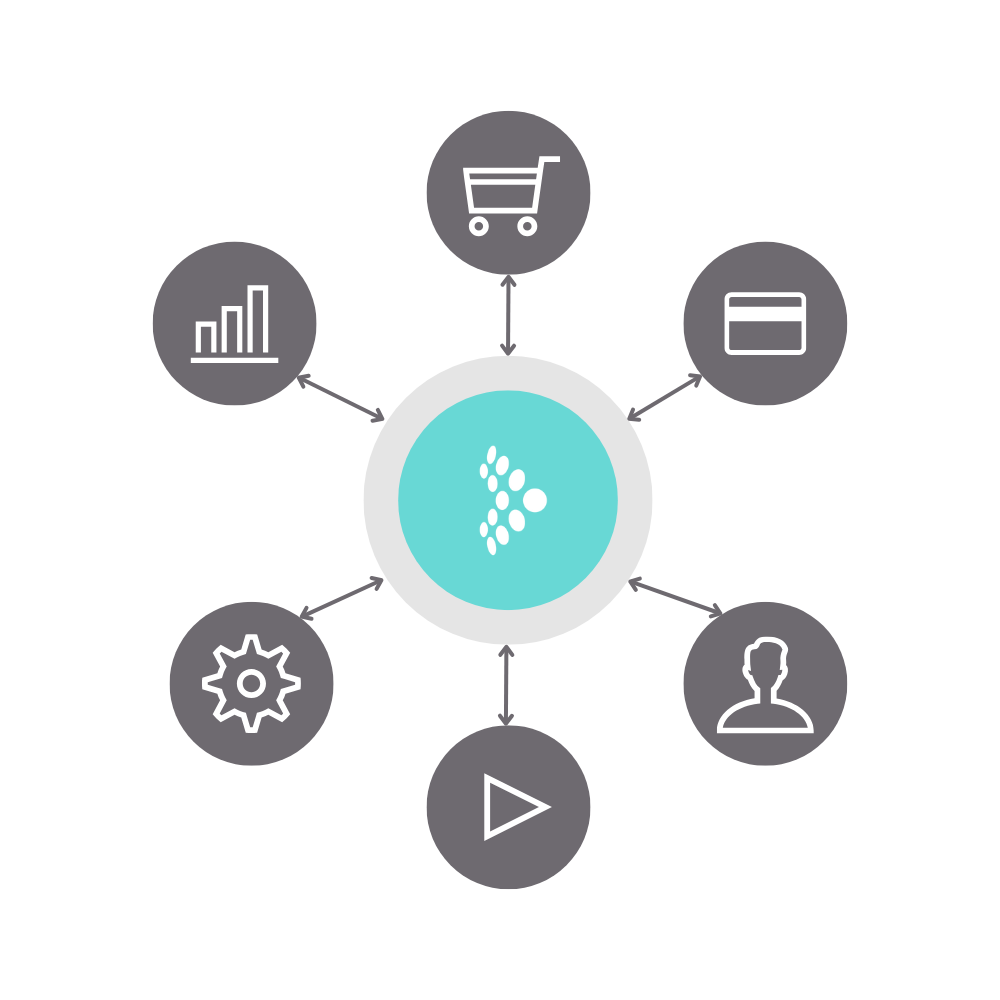 Why Tealium? Hero in colour Tealium logo surrounded by shopping carts, cog, play button, and credit card logos