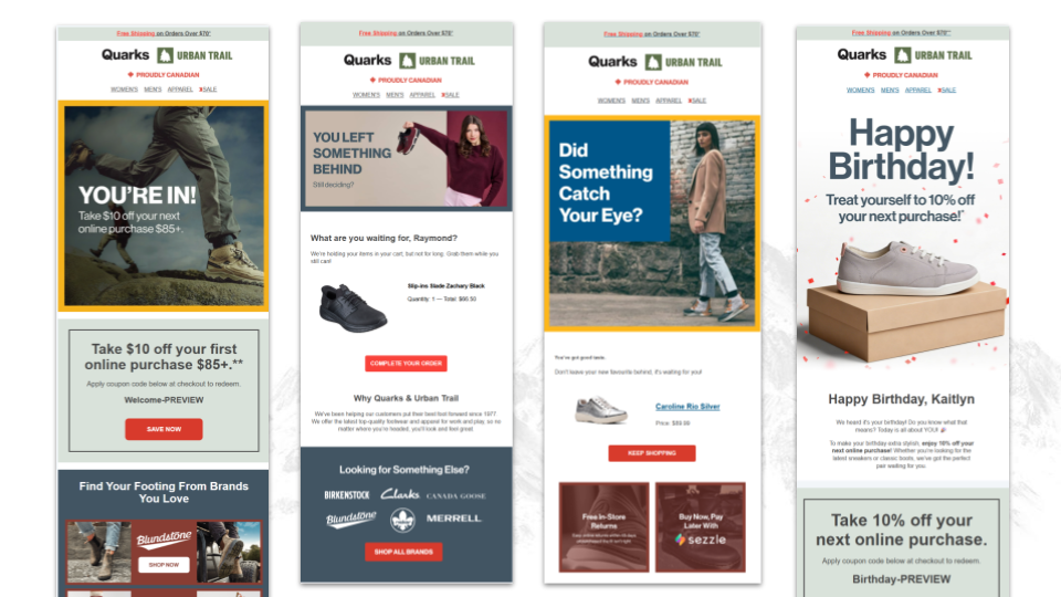 Four Quarks and Urban Trail email flow designs built in Klaviyo: welcome series, cart abandon, browse abandon, and birthday flow