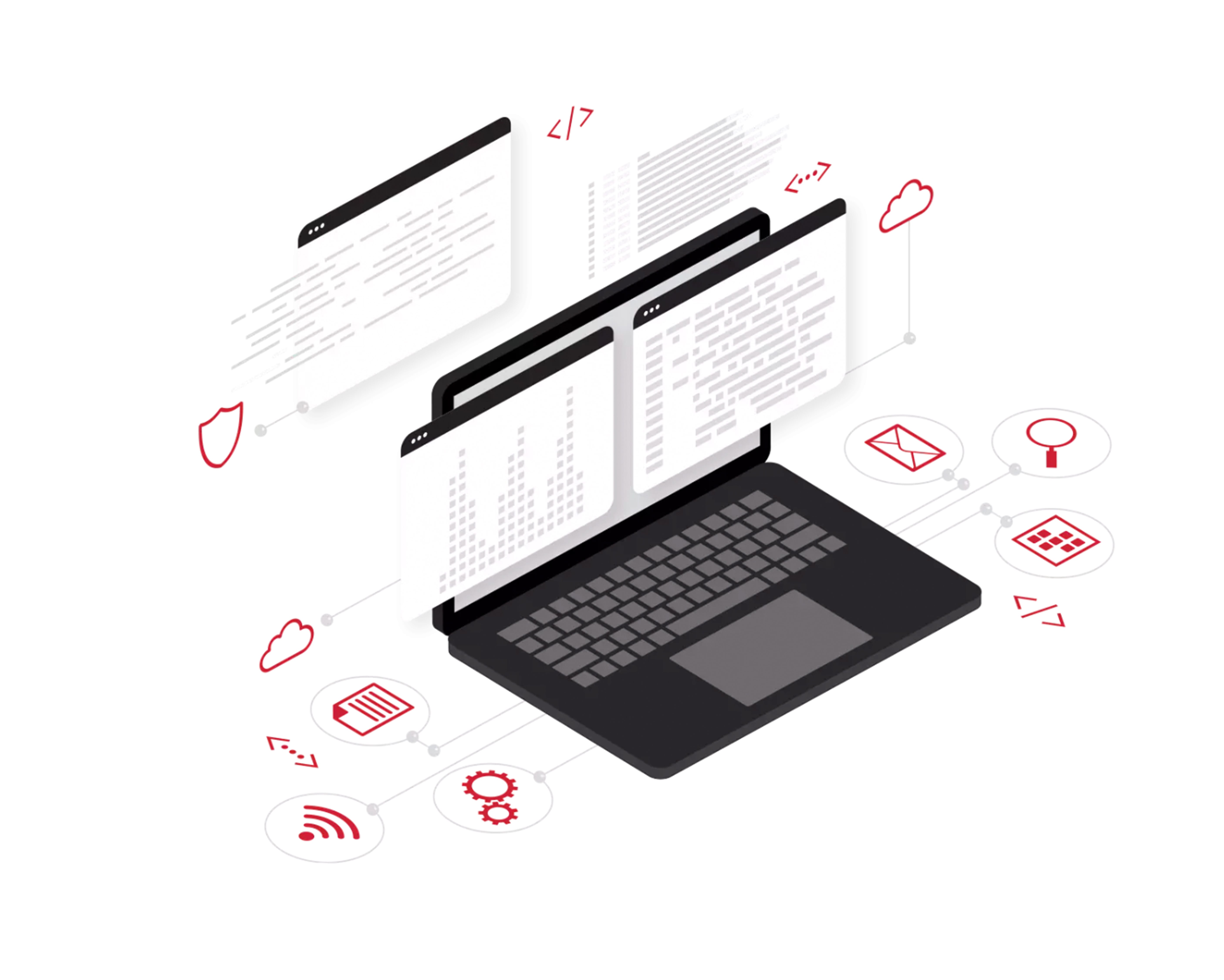 Apps are displayed on the laptop in gray