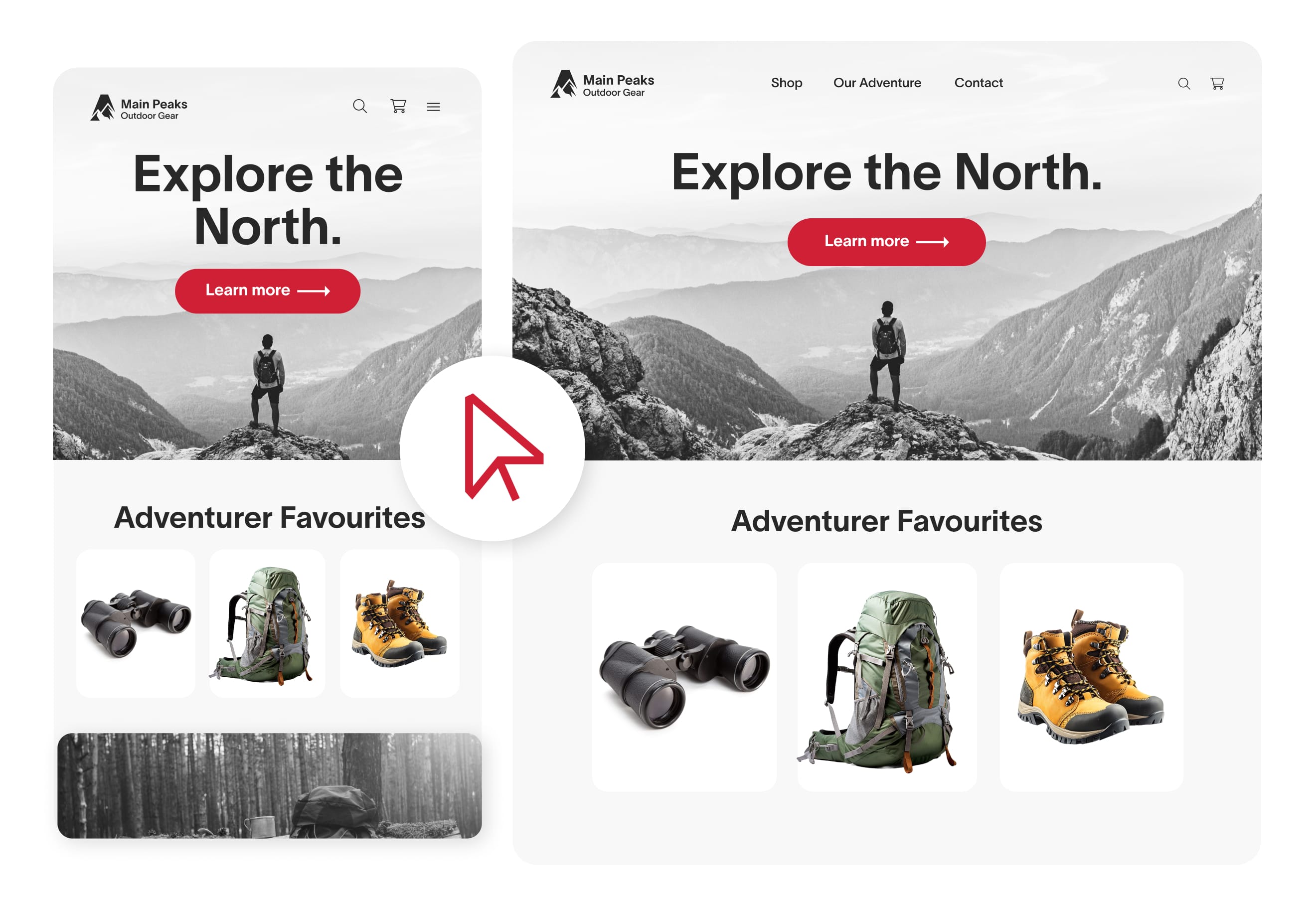 UX Solutions - Brand Extension Two orientations of an outdoors e-store with a mouse logo between them